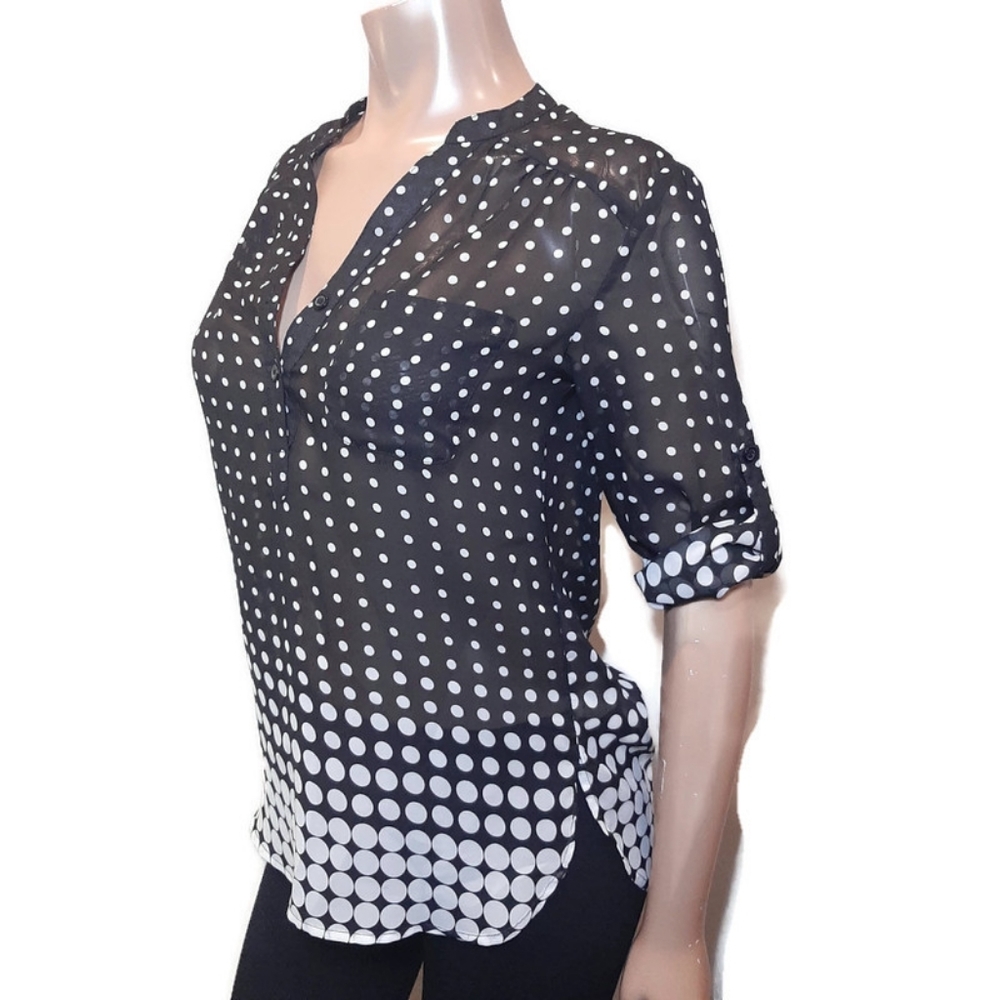 Rickis Sheer Ombre Polka Dot Blouse Roll Tab Sleeves Buttoned Top Black White 4